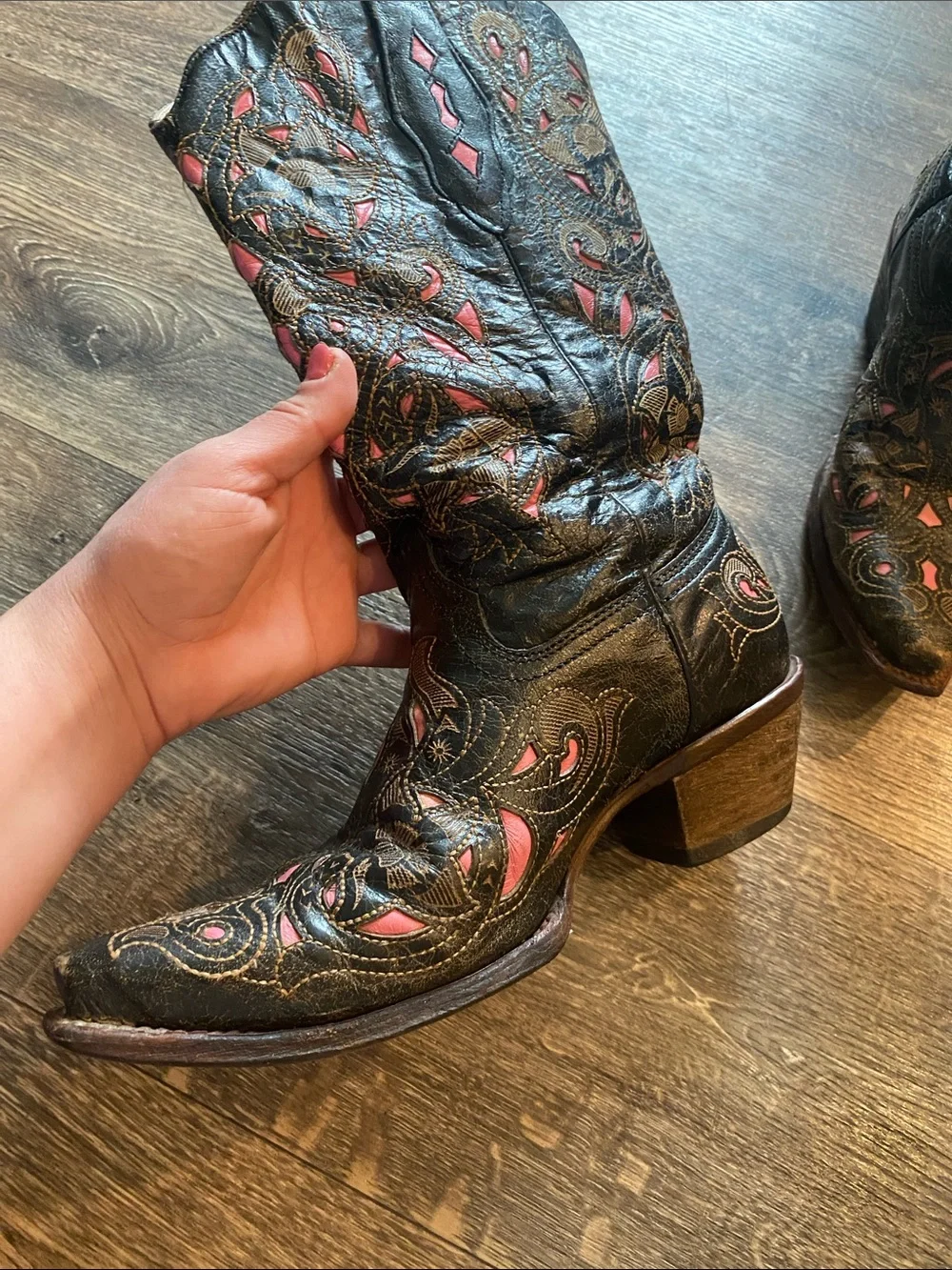 Women's Black Leather Cowboy Boots with Pink Embroidered Insets - Picture 2 of 16
